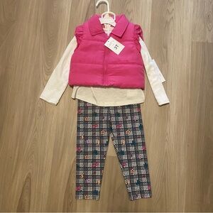 Bonnie Jean Pink Puffer Vest w/ Plaid Leggings White Shirt 3pc Set NWT Size 3T